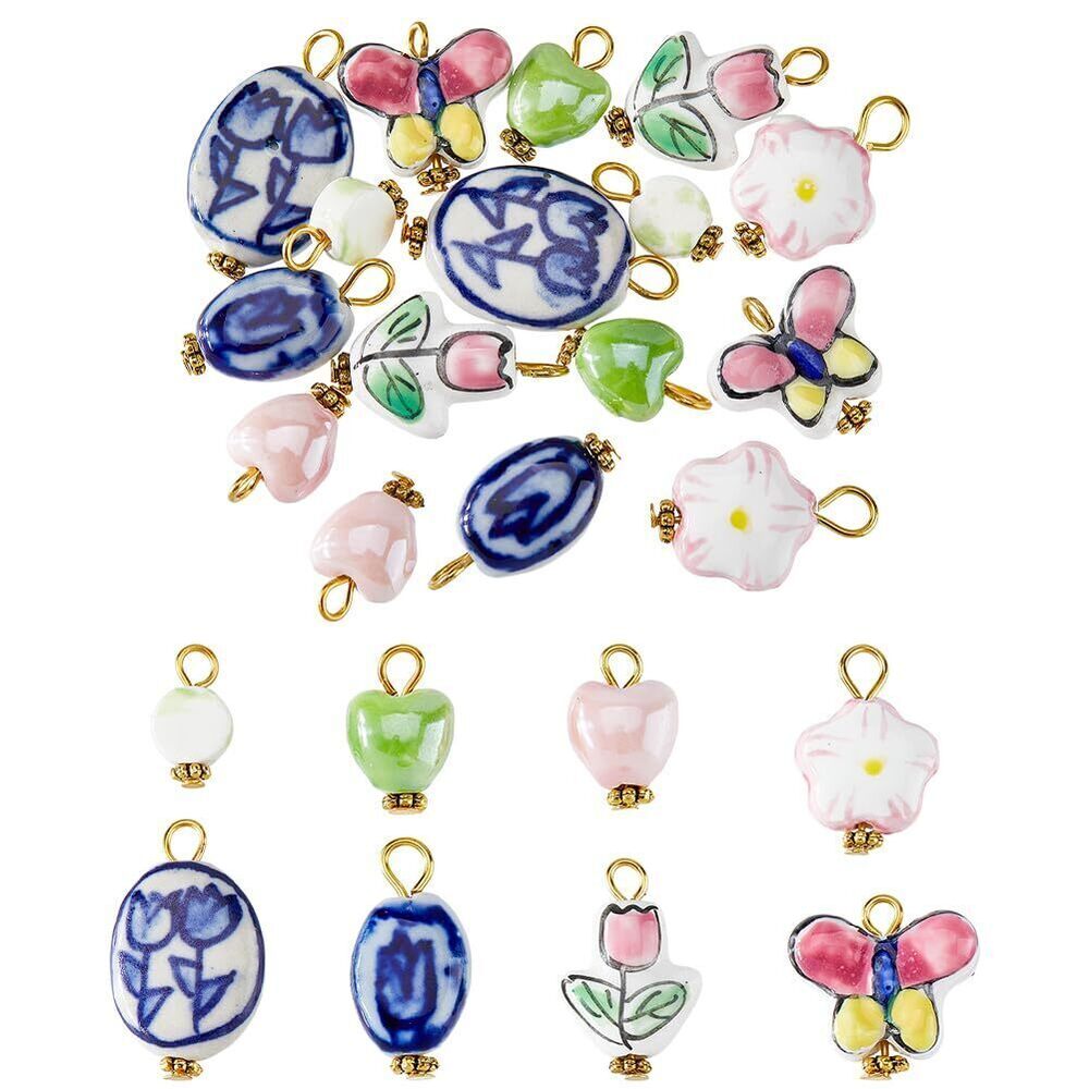1249 8 Styles Handmade Porcelain Flower Butterfly Beads with Iron Loop